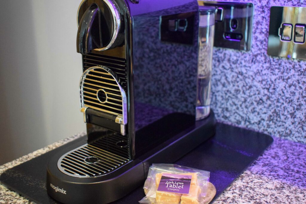 Our Skyfall Luxury Hideaway, Glencoe has a Nespresso Coffee Maker and local handmade sweet tablet to nibble on