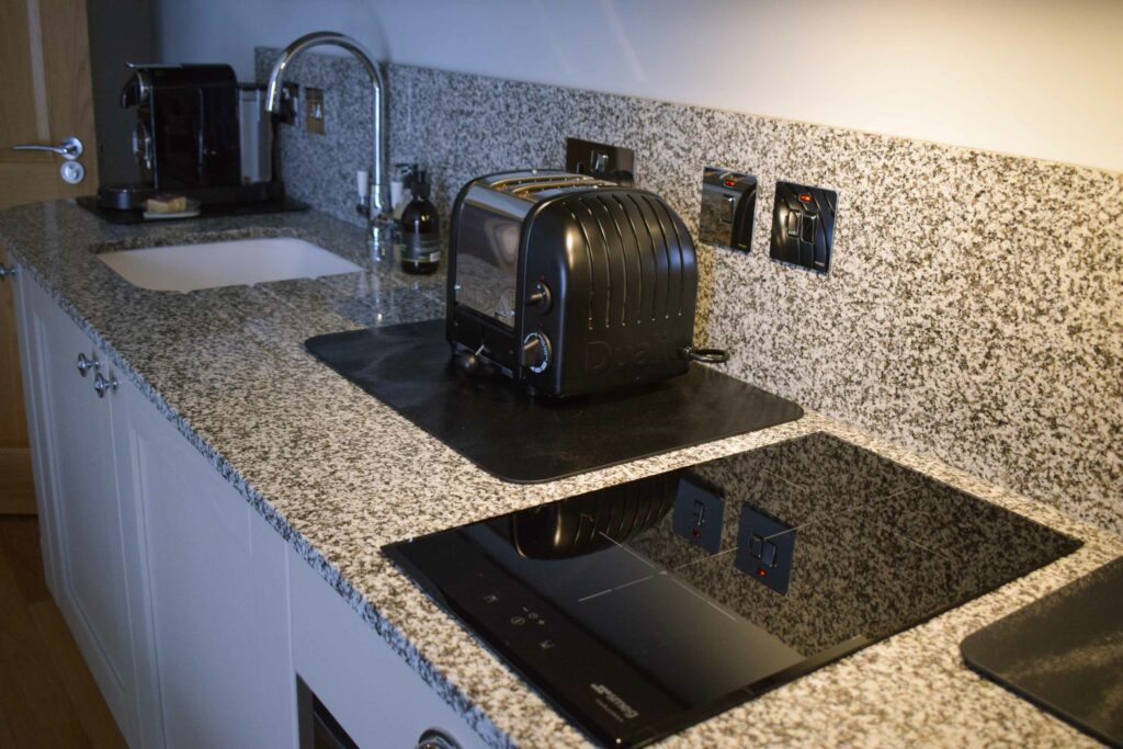 The kitchen workspace in our Skyfall Luxury Hideaway, Glencoe