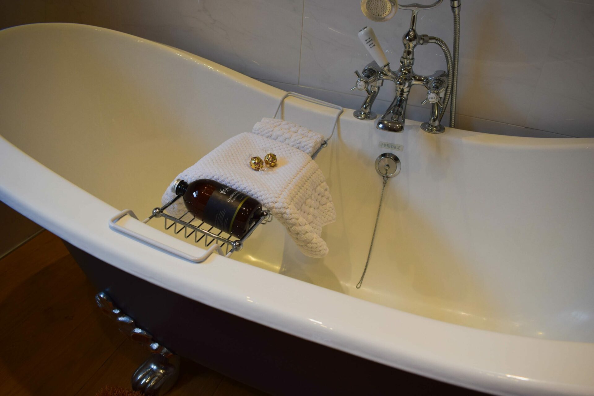The two person bath in our Allanbreck Hideway with little treats to enjoy whilst relaxing in the bubbles