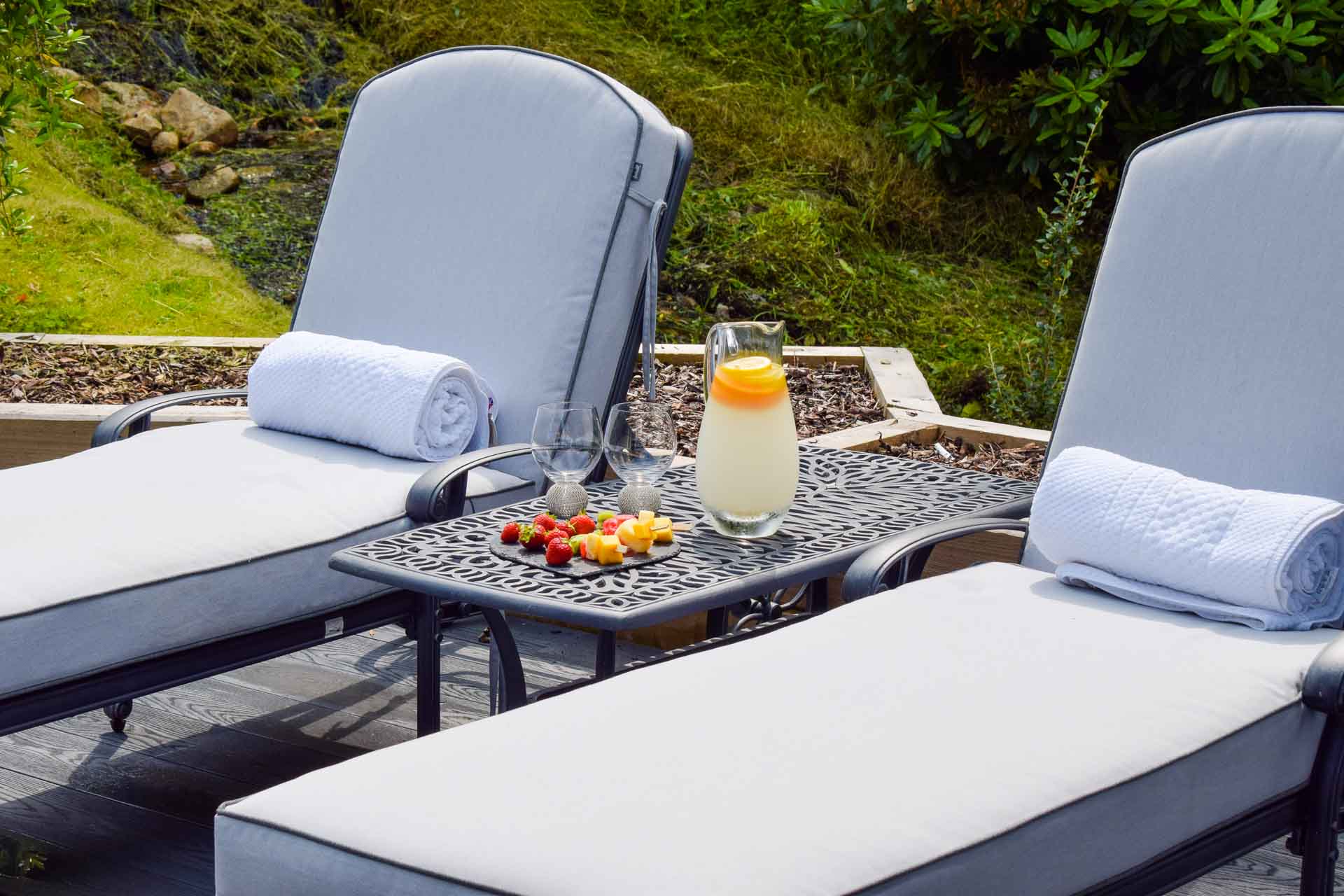 The sunloungers at Little Fox Lodge Hideaway are perfect for summertime.