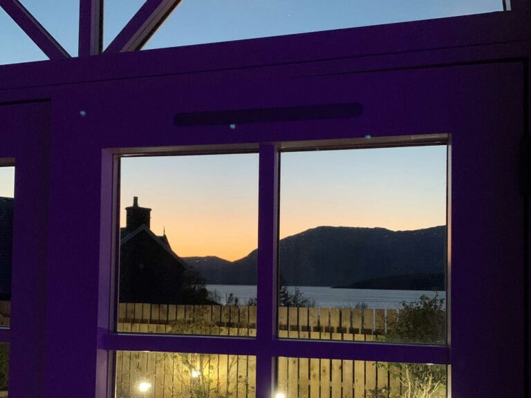 Sunset looking out from Little Fox Lodge Luxury Hideaway Glencoe